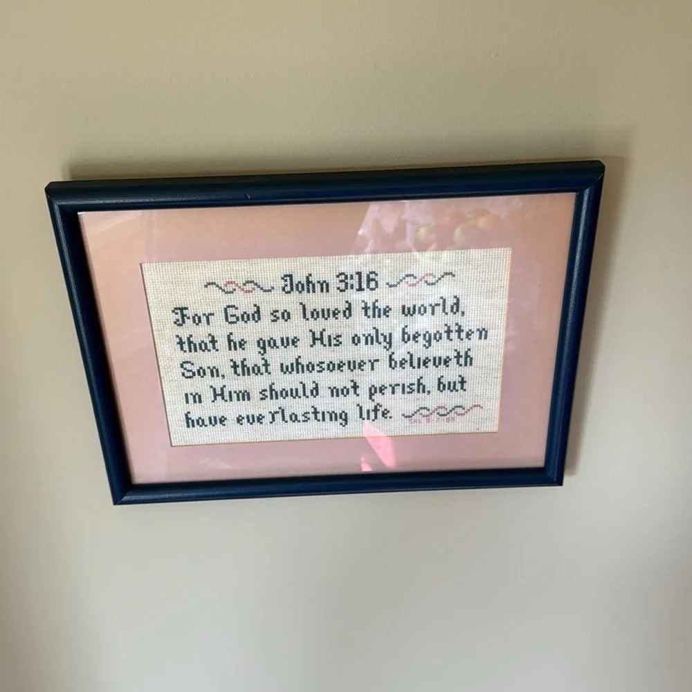 VINTAGE 1989~BLUE~WOOD~
FRAMED~CROSS STITCH~JOHN 3:16~ECRU BACKGROUND~NICE~BR - Picture 6 of 7